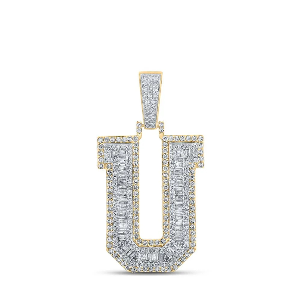 10kt Two-tone Gold Mens Baguette Diamond U Initial Letter Charm Pendant 1-7/8 Cttw