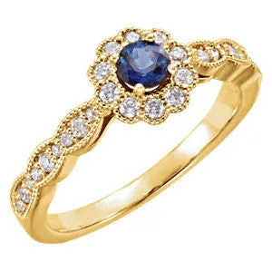 14k Gold Round Blue Sapphire & 1/3 CTW Diamond Ring