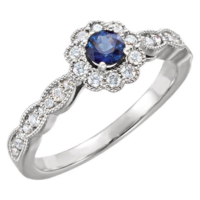 14k Gold Round Blue Sapphire & 1/3 CTW Diamond Ring