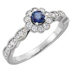 14k Gold Round Blue Sapphire & 1/3 CTW Diamond Ring