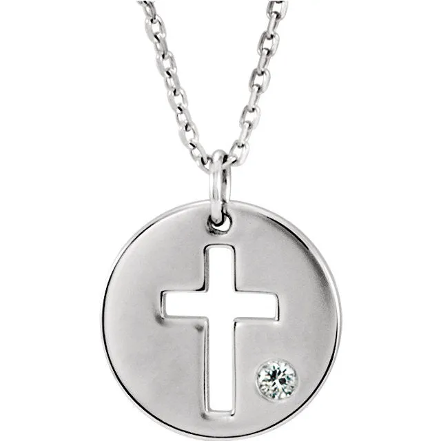 14K White .03 CTW Diamond Pierced Cross Disc Necklace