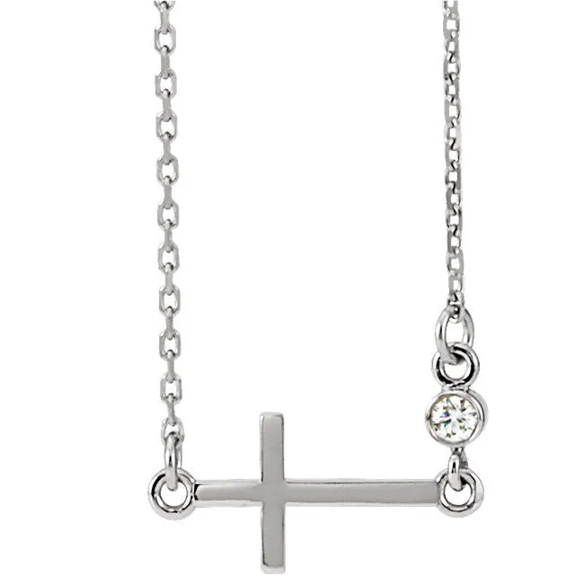 14K White .03 CTW Diamond Sideways Cross 16-18" Necklace