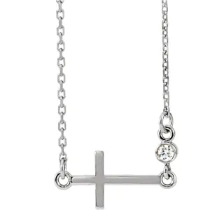 14K White .03 CTW Diamond Sideways Cross 16-18" Necklace
