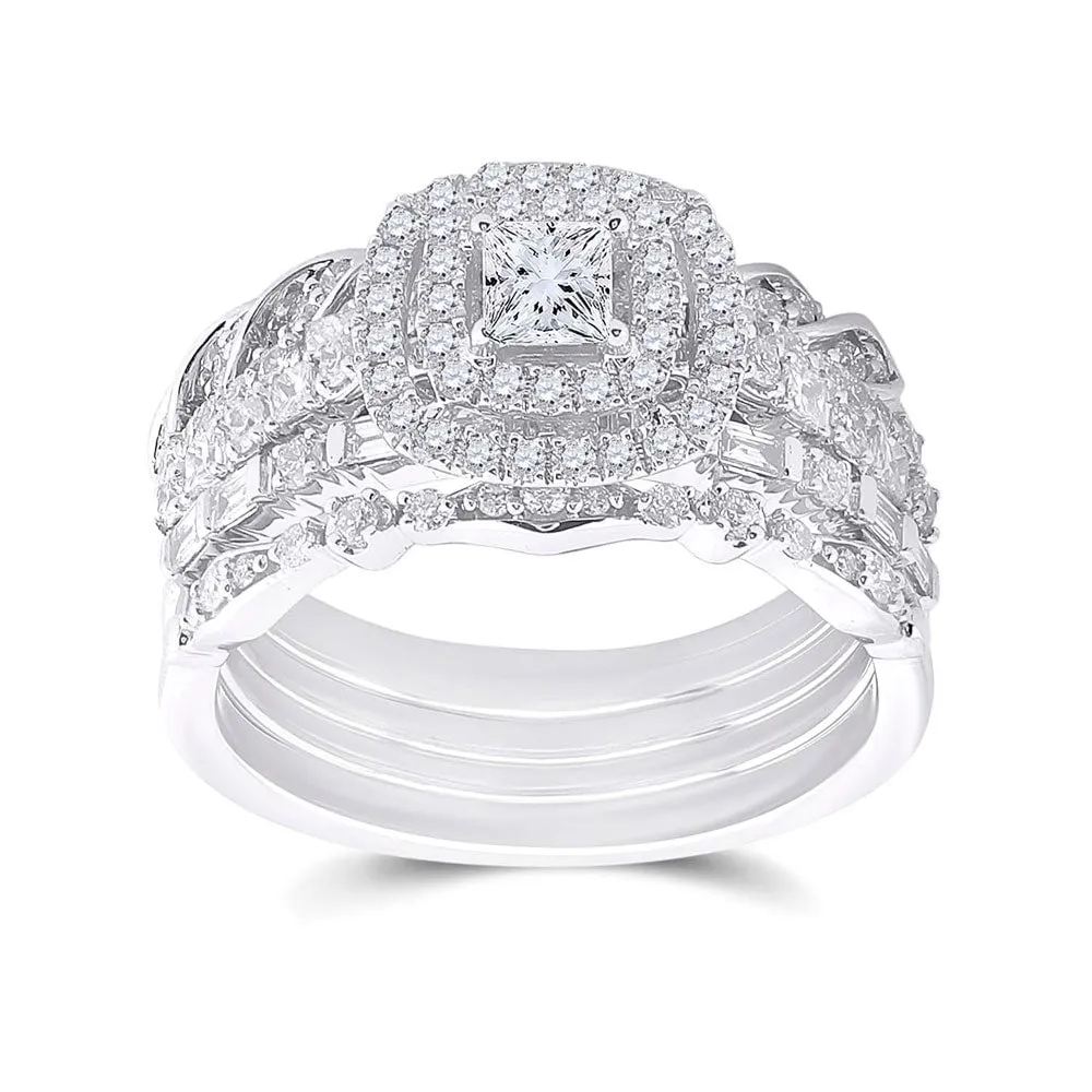14kt White Gold Princess Diamond Bridal Wedding Ring Band Set 1-1/3 Cttw