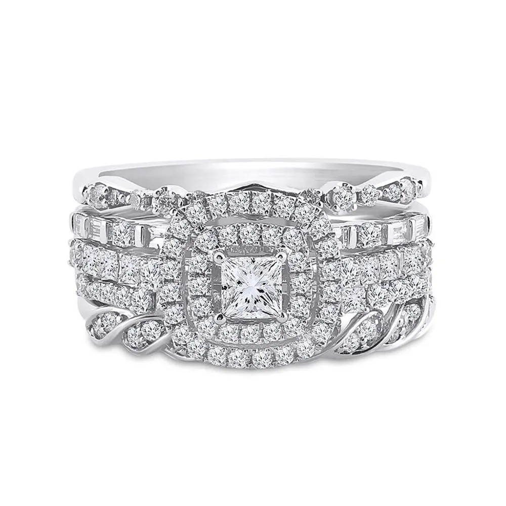 14kt White Gold Princess Diamond Bridal Wedding Ring Band Set 1-1/3 Cttw
