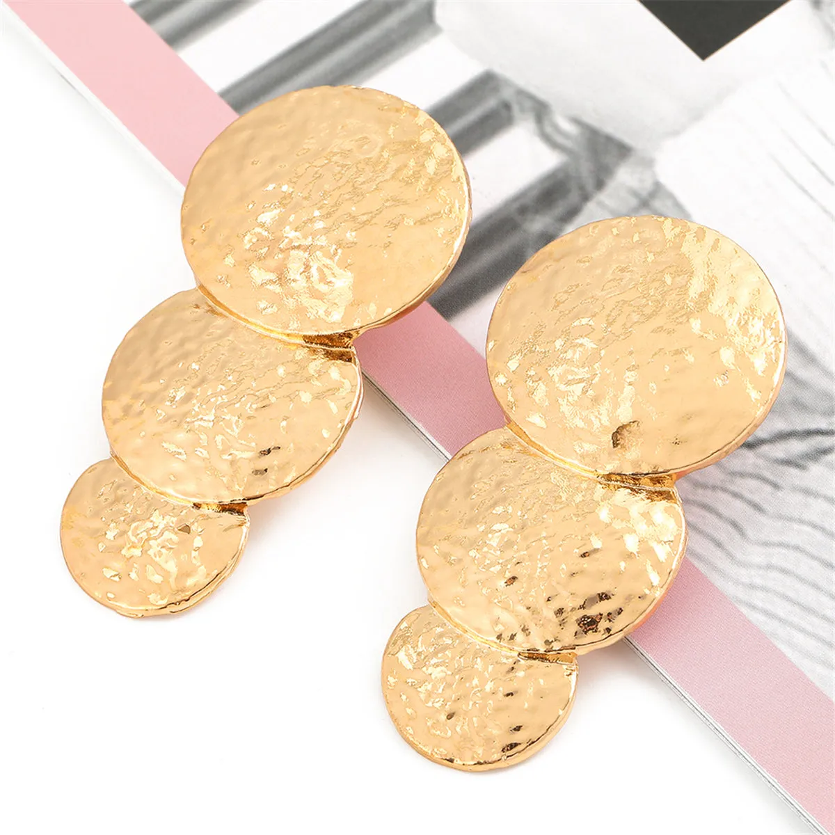 18K Gold-Plated Hammered Stacked Circle Drop Earrings