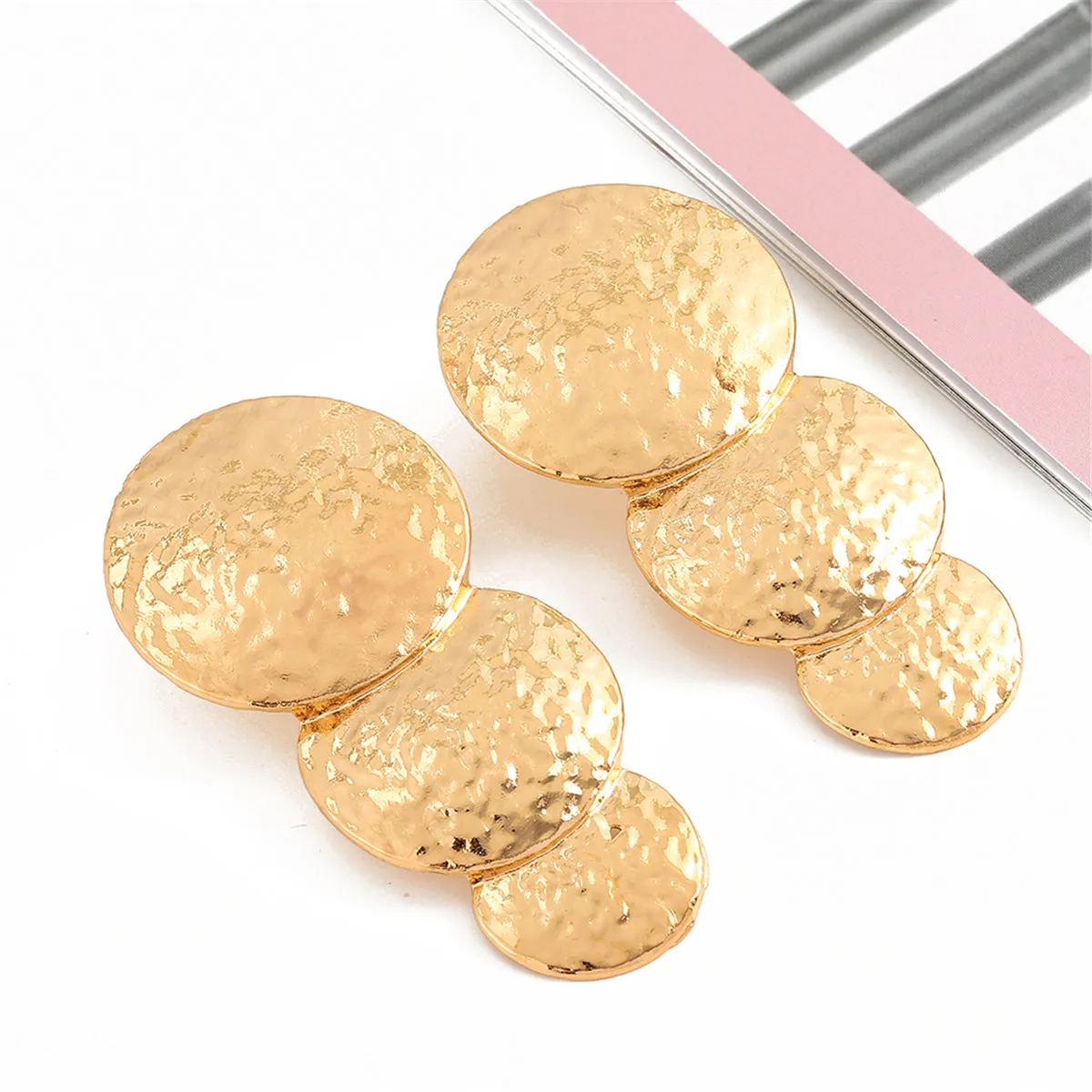 18K Gold-Plated Hammered Stacked Circle Drop Earrings