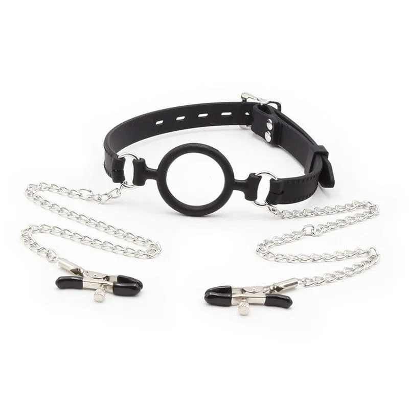 2225DL      Locking 2” Wide Black Silicone Comfort Ring Gag with Adjustable Nipple Clamps