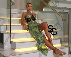 2Pcs Green Snake Print Maxi Dress Set
