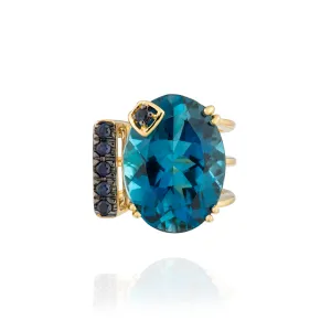 925 Silver 18KT Gold Plated Faceted Ring with with Blue Topaz