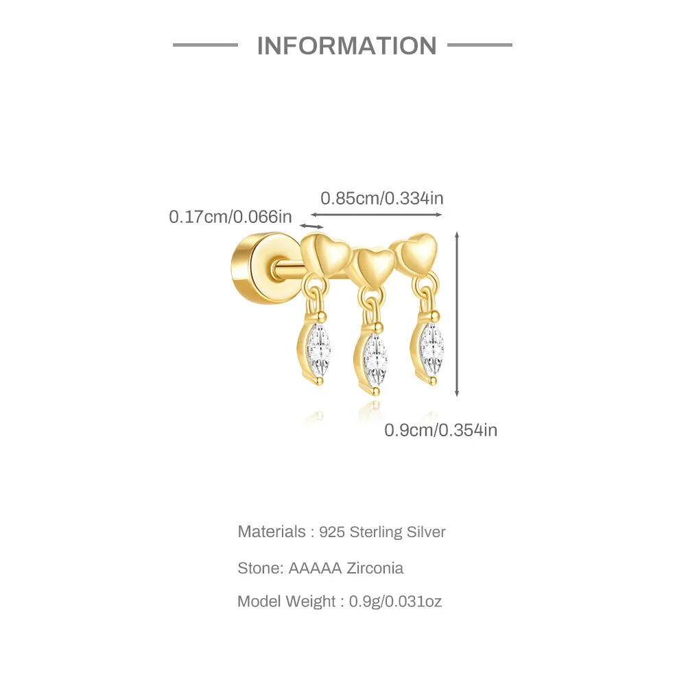 925 Silver Three Hearts Flat Back Earrings