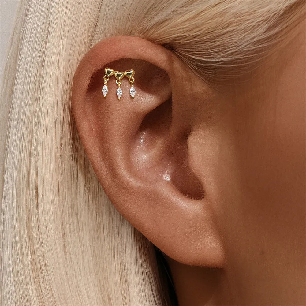 925 Silver Three Hearts Flat Back Earrings