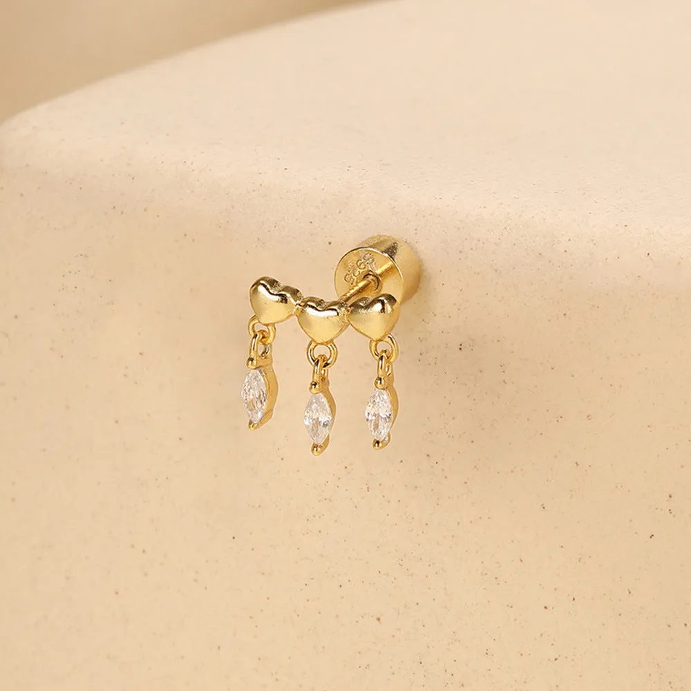 925 Silver Three Hearts Flat Back Earrings