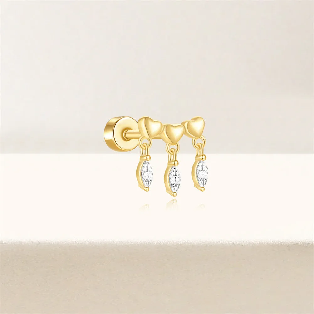 925 Silver Three Hearts Flat Back Earrings