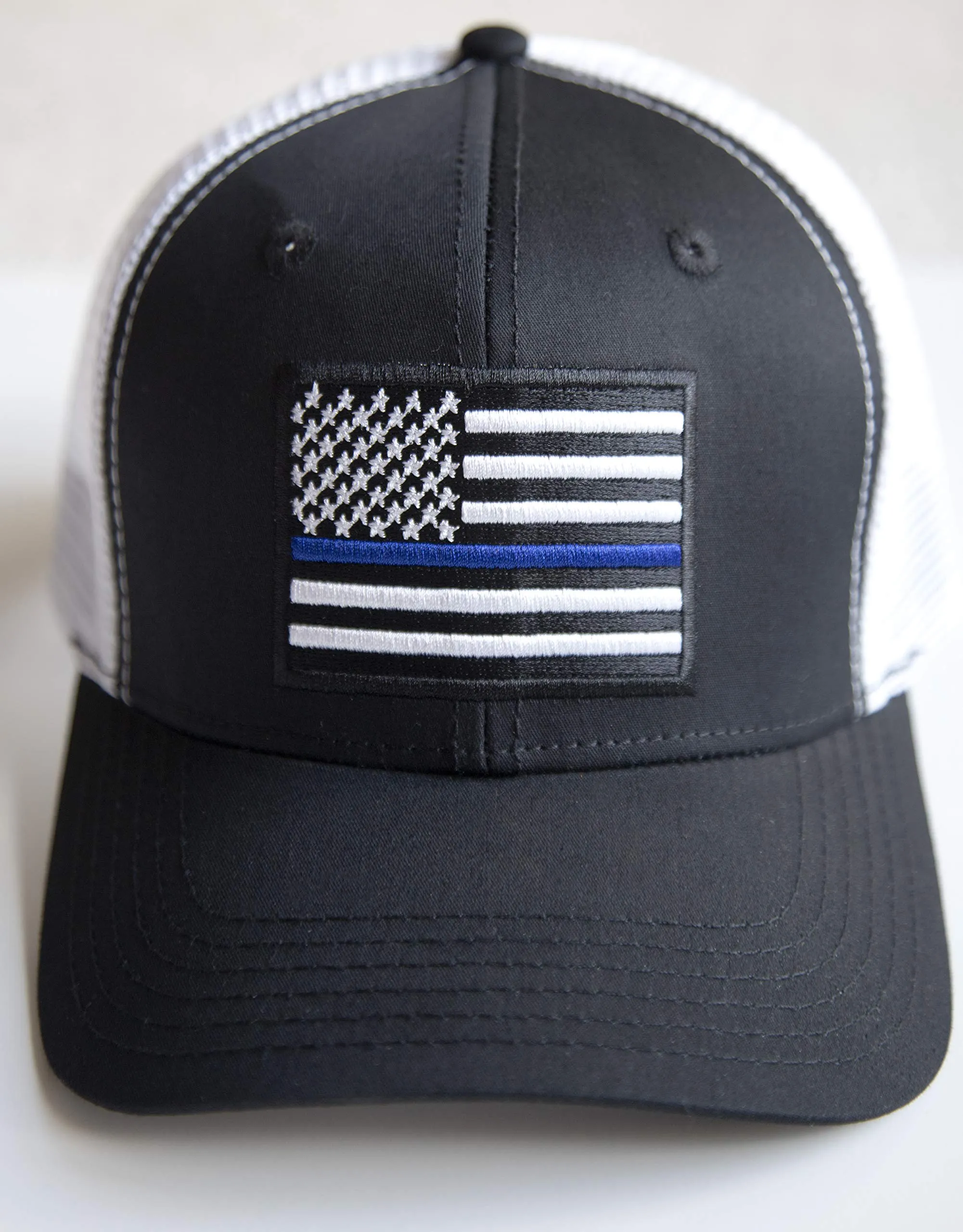American Thin Blue Line Police Flag Trucker Baseball Snapback Hat (Black White) - International Tie