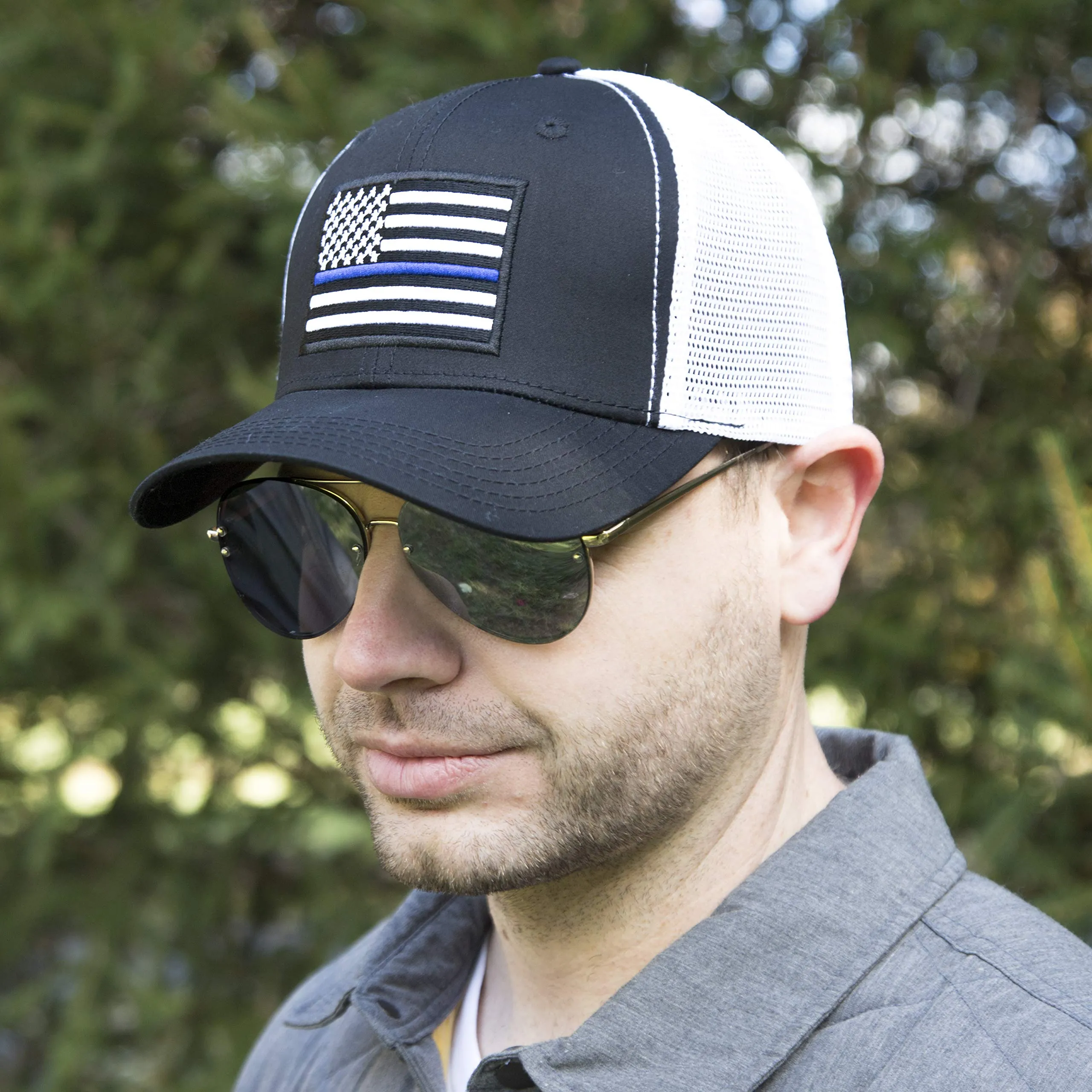 American Thin Blue Line Police Flag Trucker Baseball Snapback Hat (Black White) - International Tie