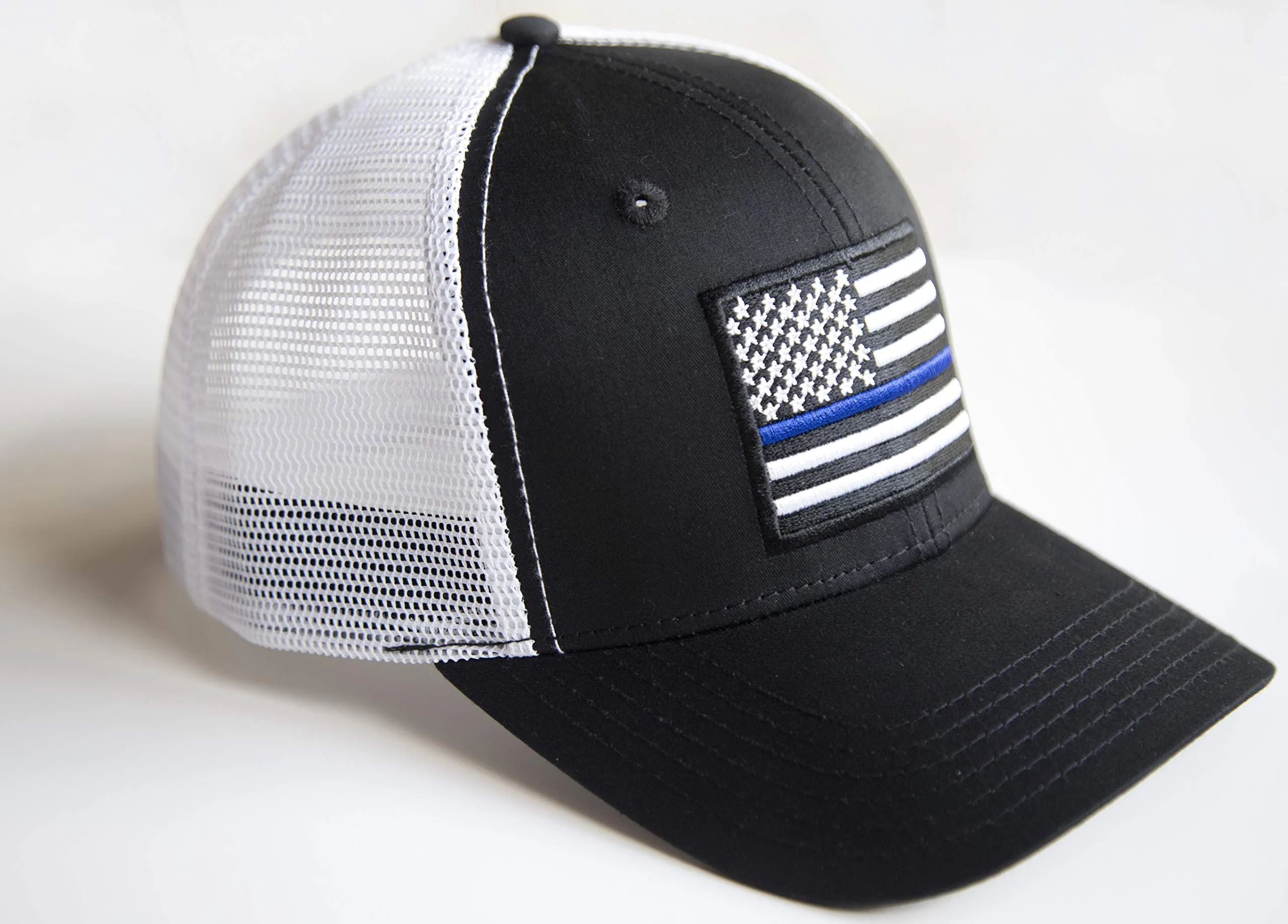 American Thin Blue Line Police Flag Trucker Baseball Snapback Hat (Black White) - International Tie