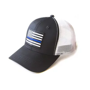 American Thin Blue Line Police Flag Trucker Baseball Snapback Hat (Black White) - International Tie