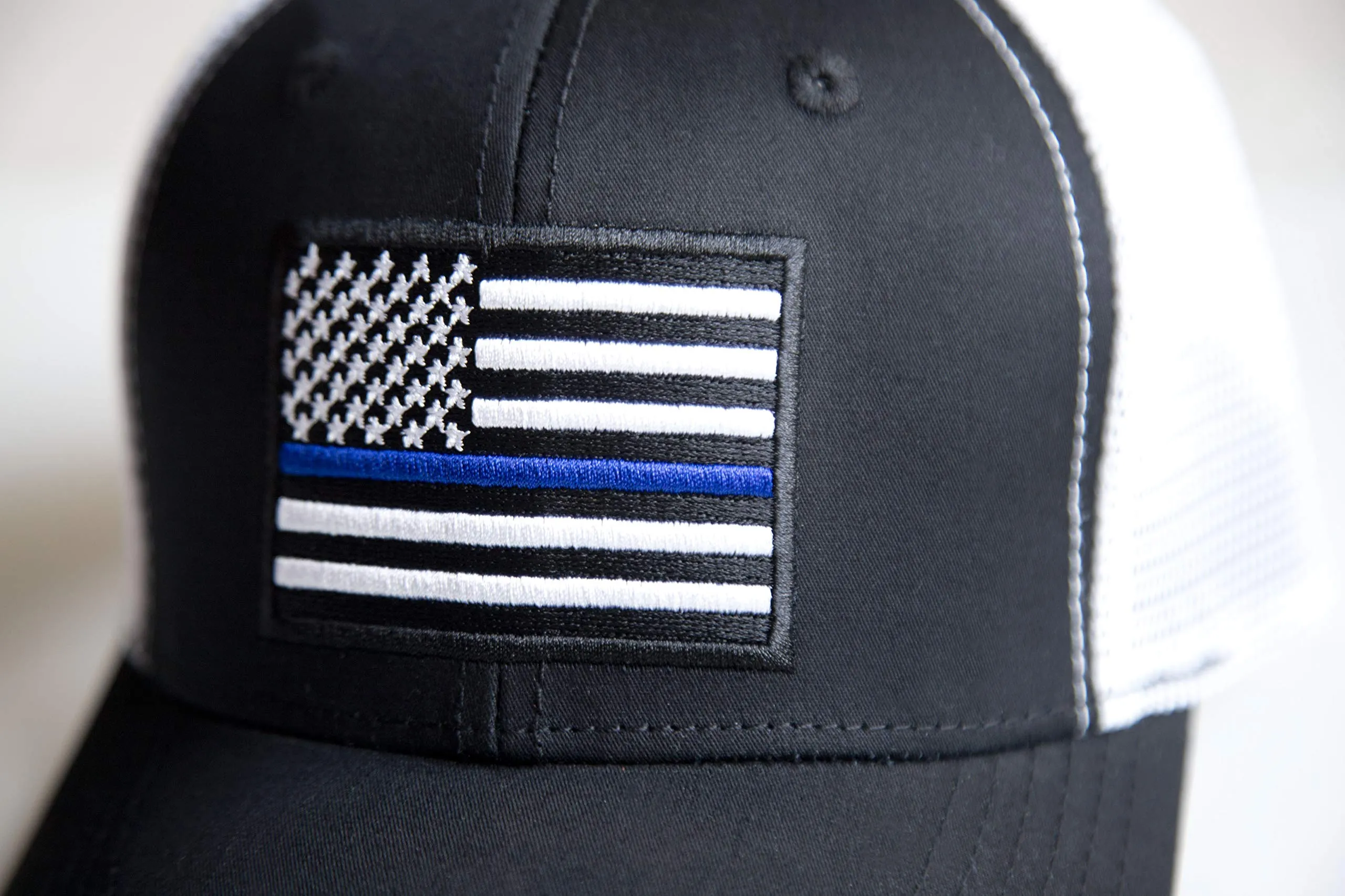 American Thin Blue Line Police Flag Trucker Baseball Snapback Hat (Black White) - International Tie
