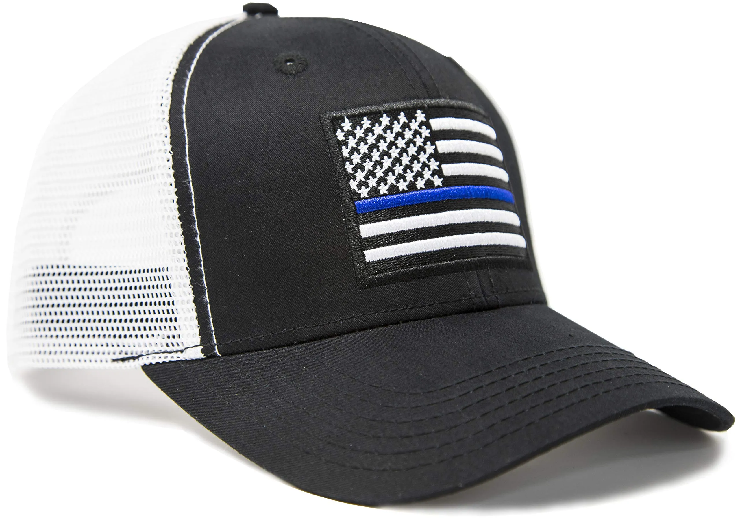 American Thin Blue Line Police Flag Trucker Baseball Snapback Hat (Black White) - International Tie