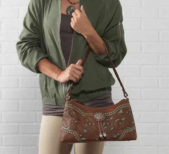 American West Handbag Lady Lace Collection: Leather Western Zip Top Shoulder Bag