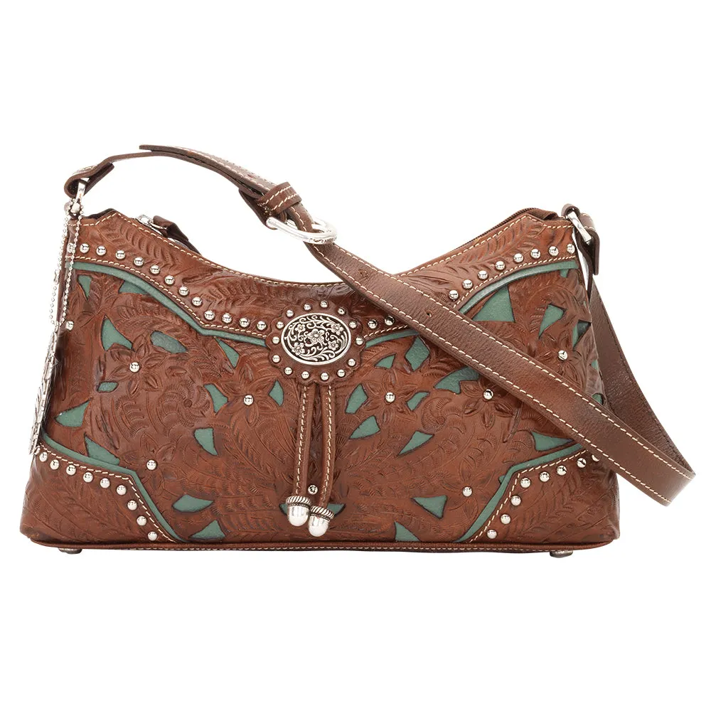American West Handbag Lady Lace Collection: Leather Western Zip Top Shoulder Bag
