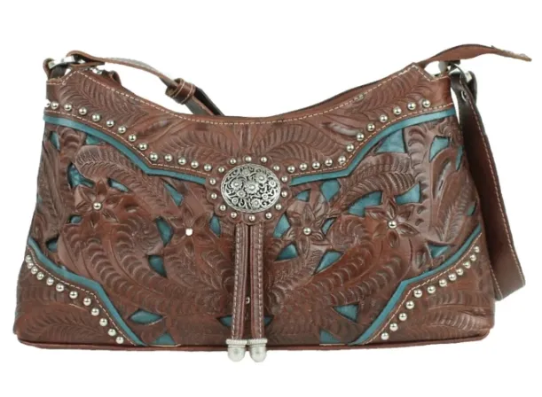 American West Handbag Lady Lace Collection: Leather Western Zip Top Shoulder Bag