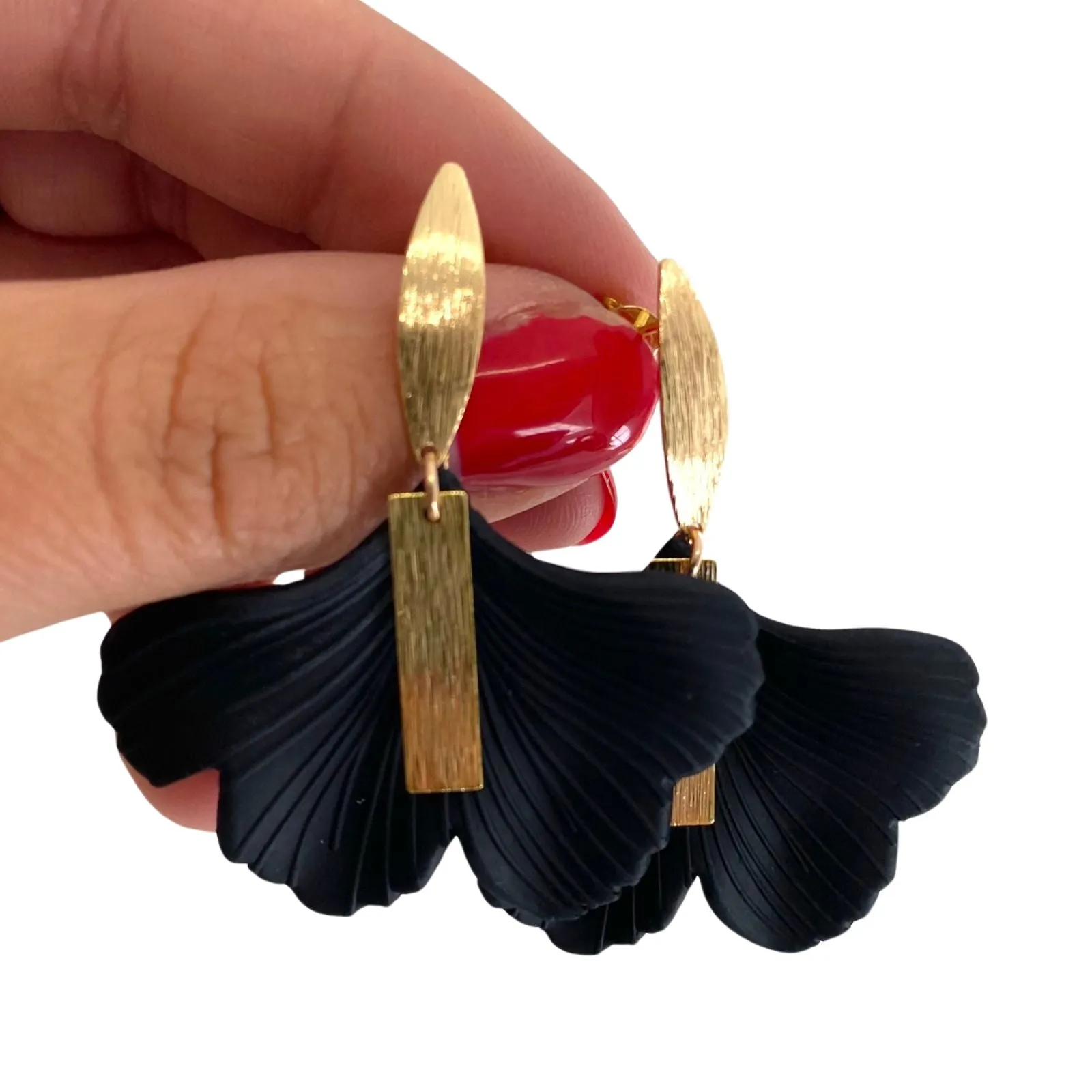 Angela D'Arcy Gold Black Gingko Leaf Earrings