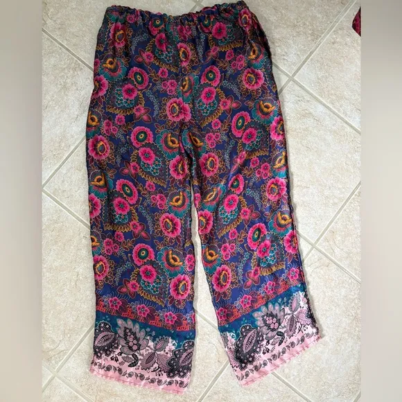 Anthropologie Floreat Multicolor Printed Long Sleeve silk Pajama set XS petite