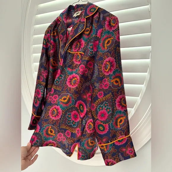 Anthropologie Floreat Multicolor Printed Long Sleeve silk Pajama set XS petite