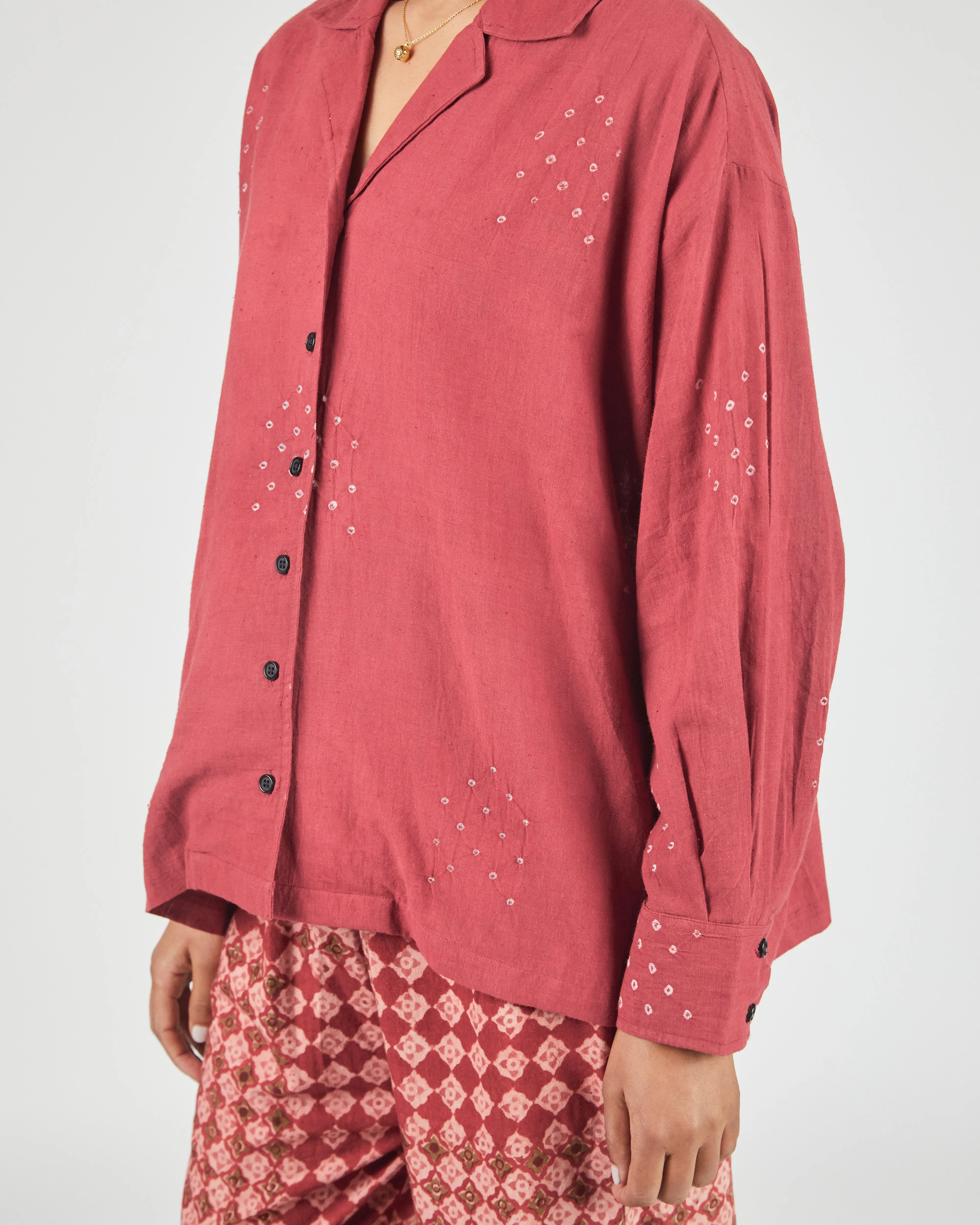 Anvi Drop Shoulder Shirt in Bandhani Arrows Madder