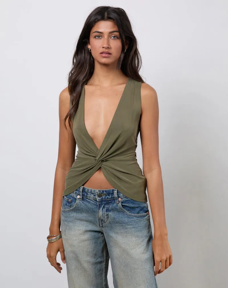 Arlys Twist Detail Top in Cupro Khaki
