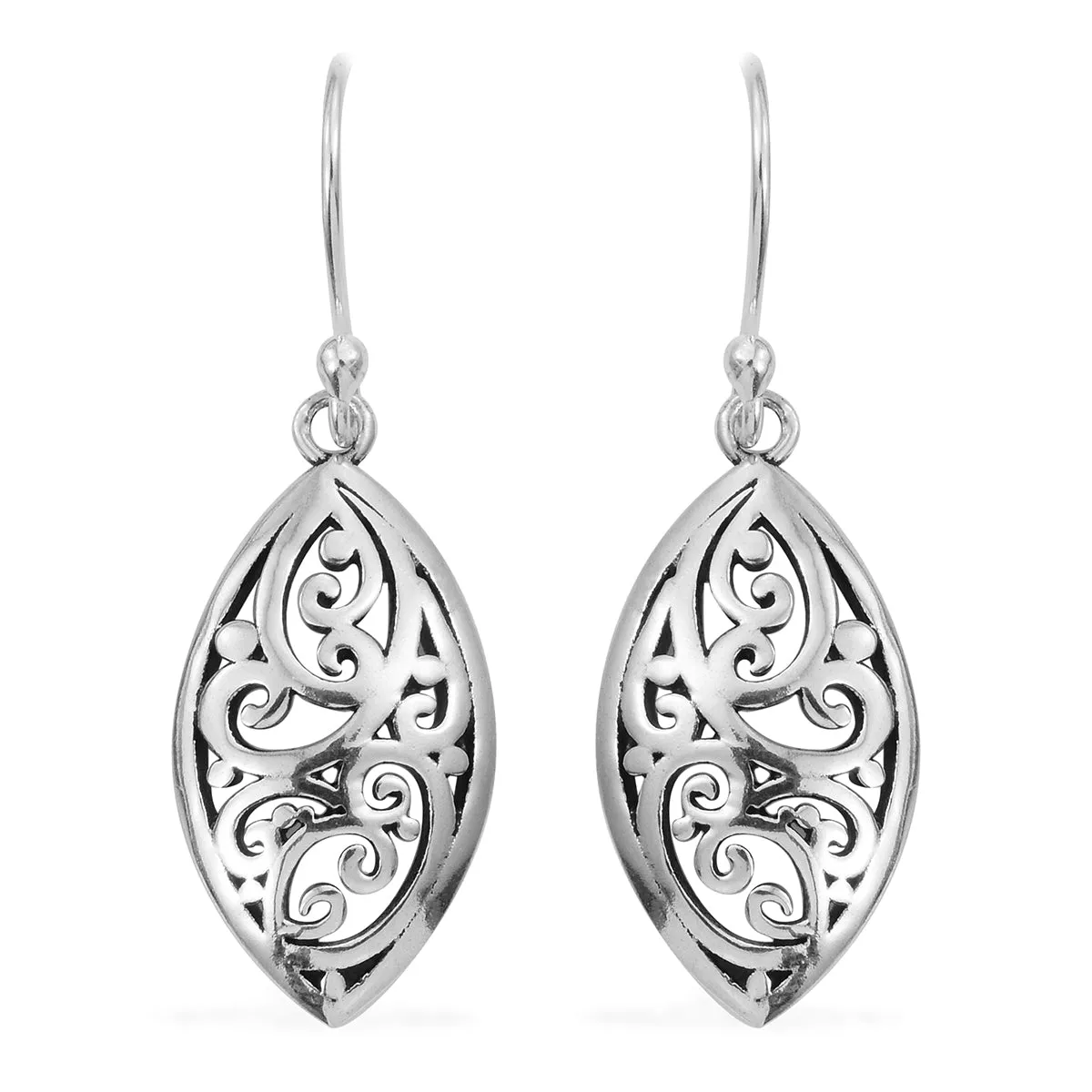 Artisan Crafted Sterling Silver Scroll Work Marquise Shape Dangle Earrings (3.33 g)