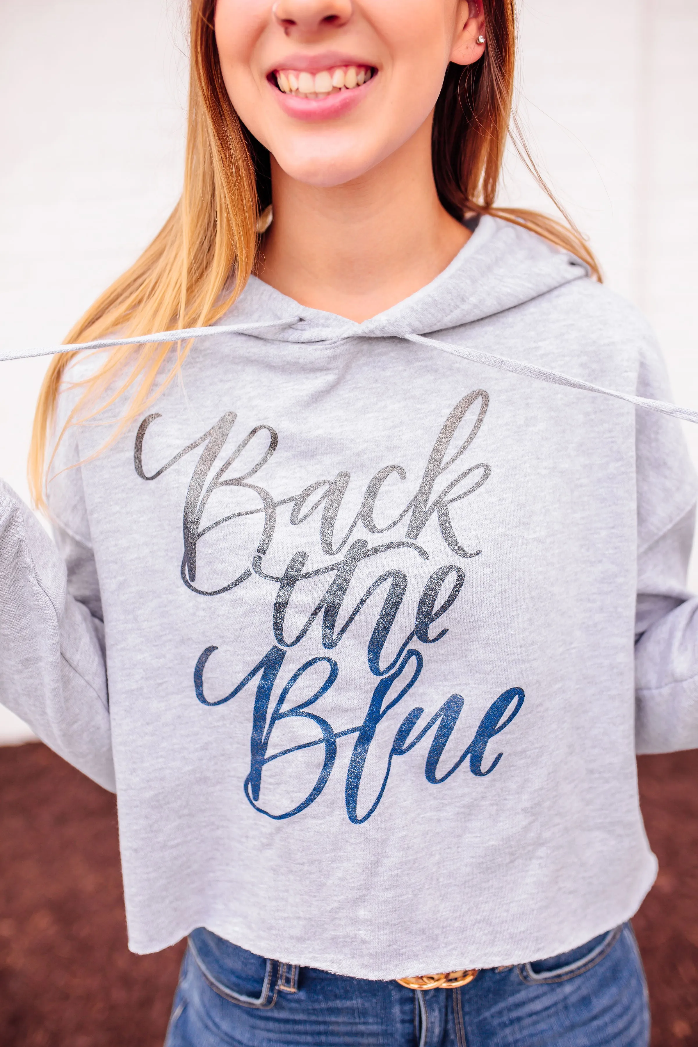 Back The Blue Script © Ladies Cropped Hooded Sweatshirt (Heather Grey   Ombré Glitter)