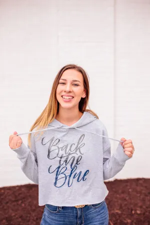 Back The Blue Script © Ladies Cropped Hooded Sweatshirt (Heather Grey   Ombré Glitter)