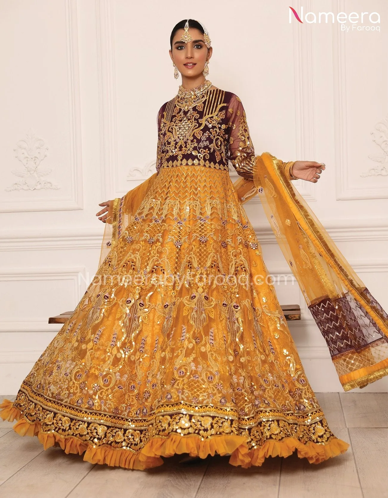 Baroque Pakistani Maxi Dress in Orange Color #PF74