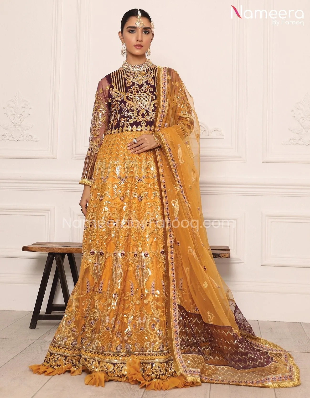 Baroque Pakistani Maxi Dress in Orange Color #PF74