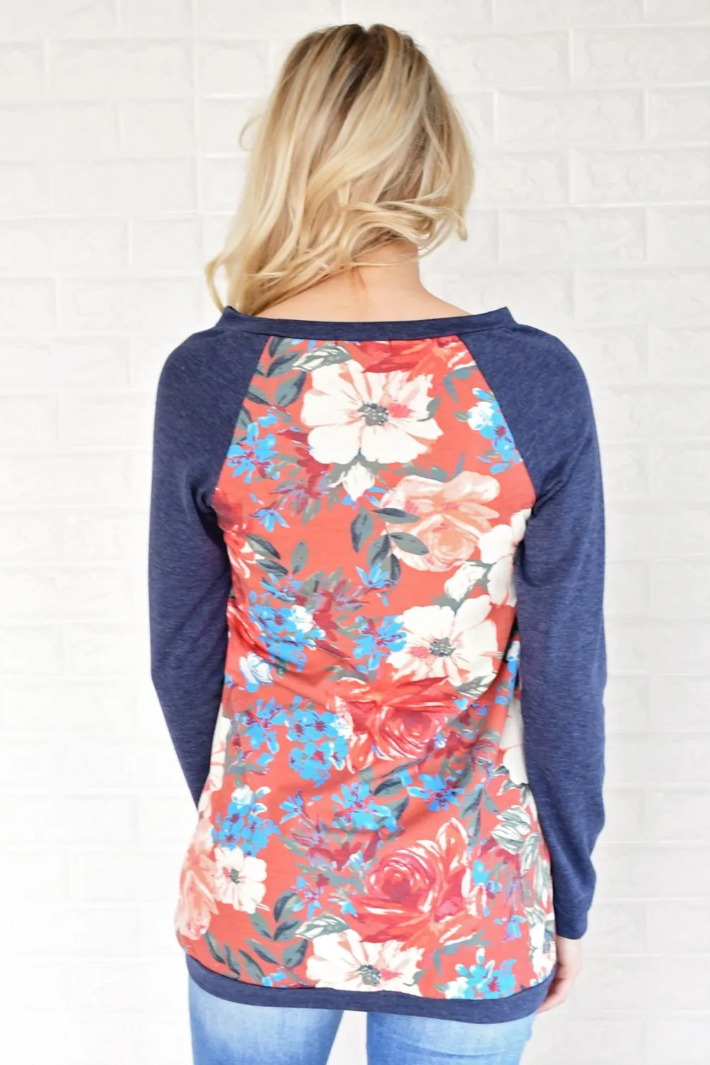 Be Bold Floral Baseball Tee ~ Salmon & Navy