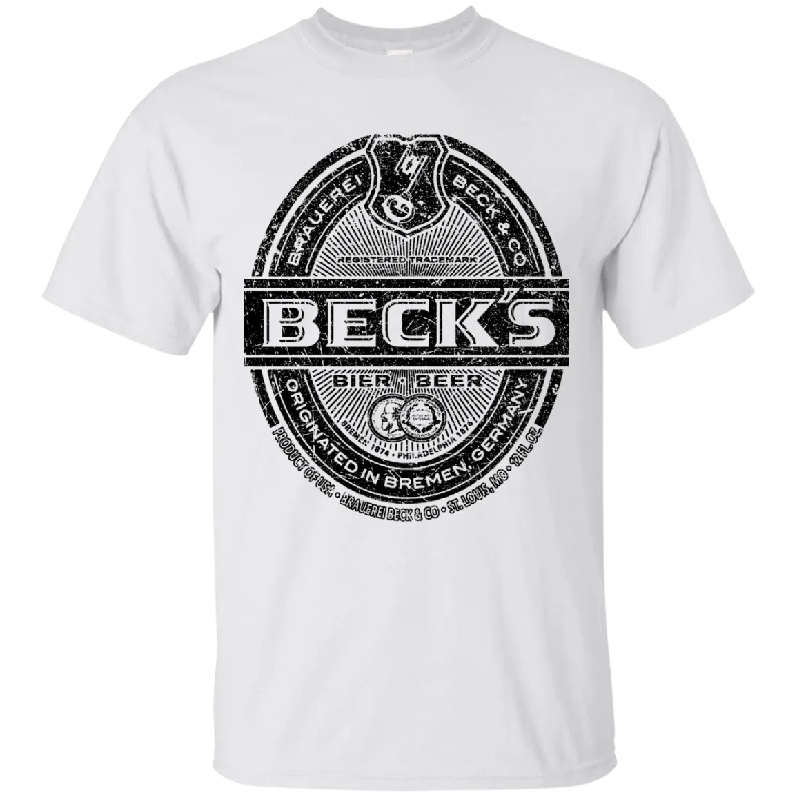 Becks Beer T-Shirt Custom Designed Black Worn Label Pattern