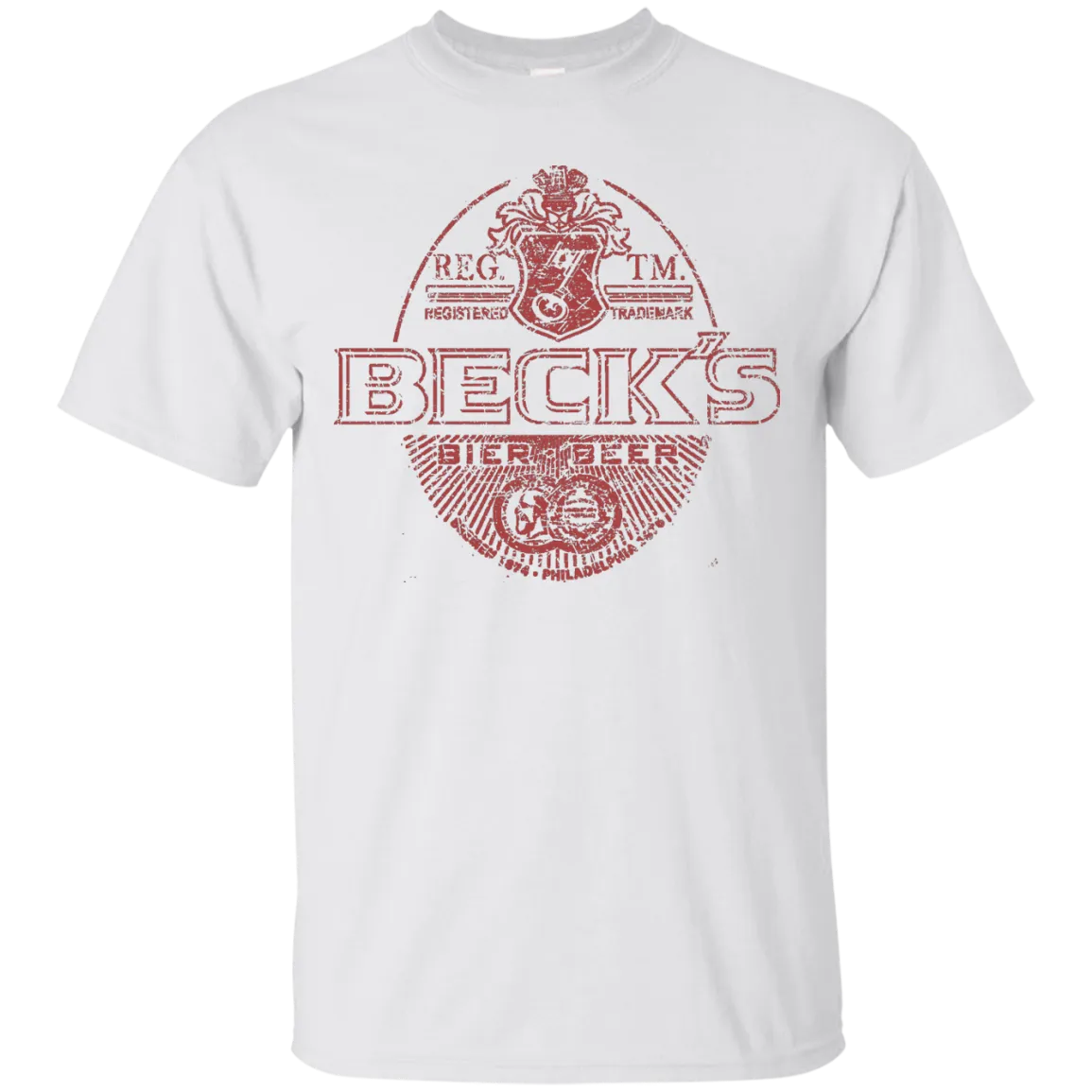 Becks Beer T-Shirt Custom Designed Red Worn Label Pattern 987