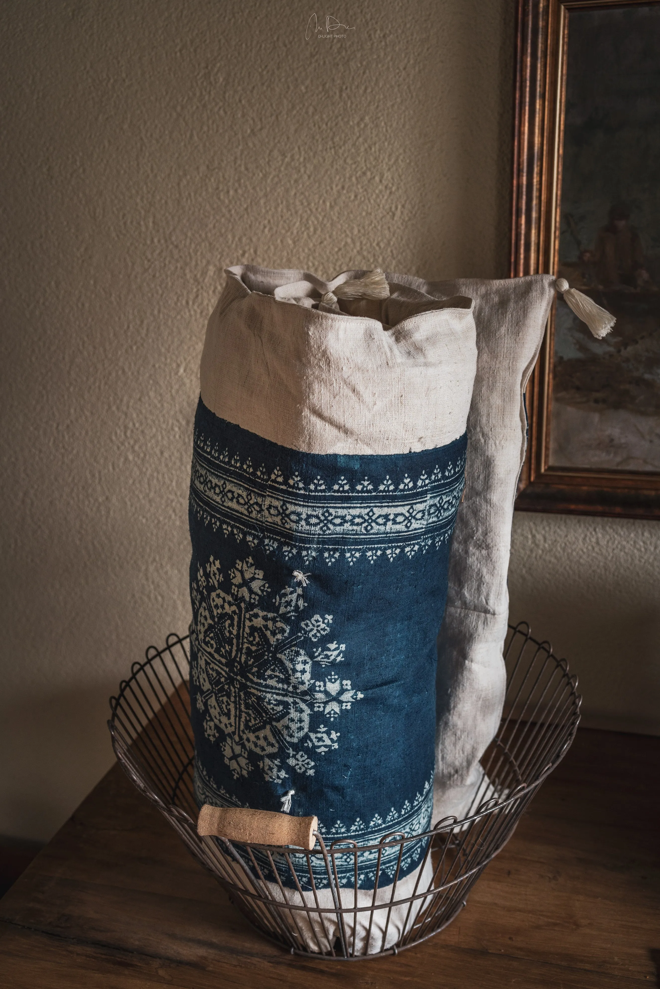 Bedroll - Antique handwoven hemp, indigo dye pattern - BR02
