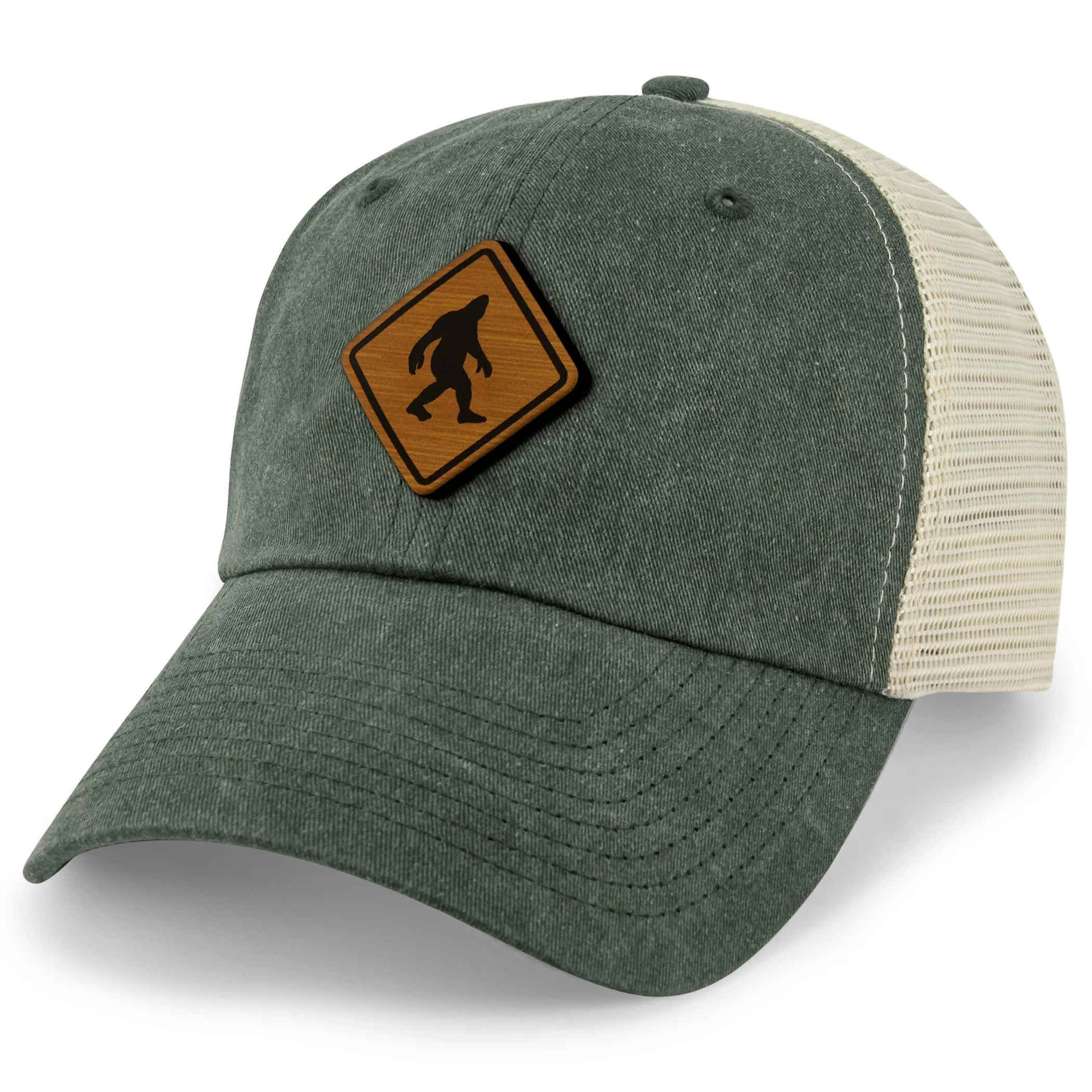 Bigfoot Crossing Sign Wood Grain Patch Relaxed Trucker