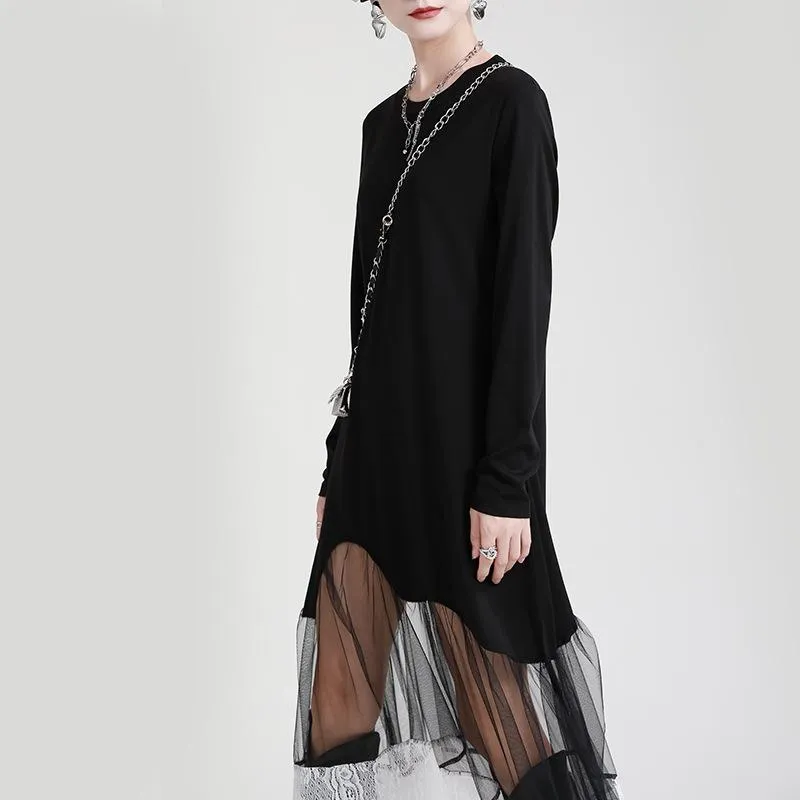 Black Women Irregular Lace Net Fall Long Dresses