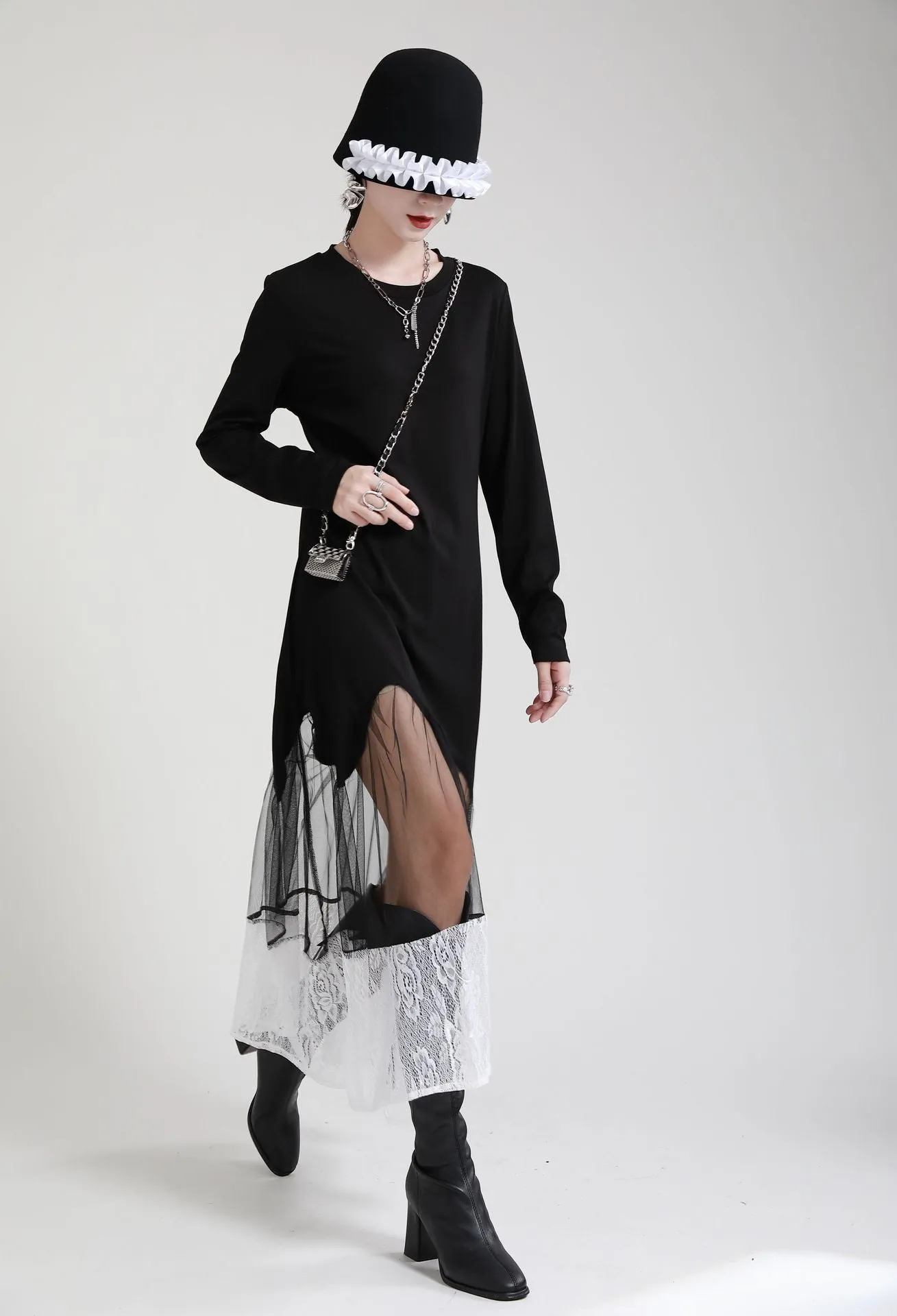 Black Women Irregular Lace Net Fall Long Dresses