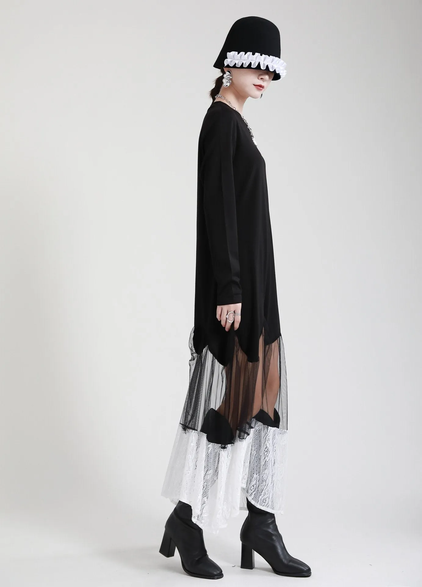 Black Women Irregular Lace Net Fall Long Dresses