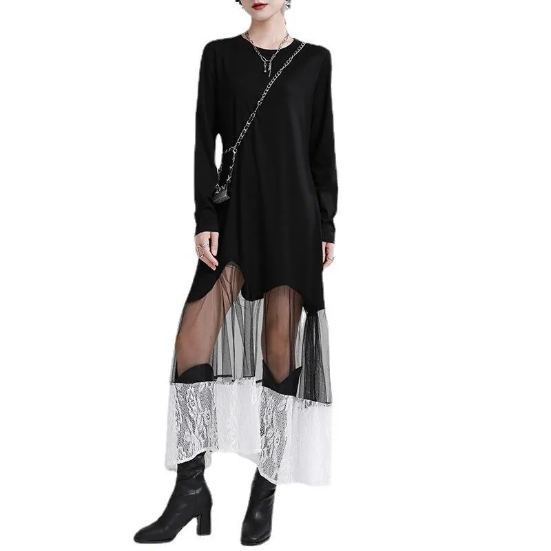 Black Women Irregular Lace Net Fall Long Dresses