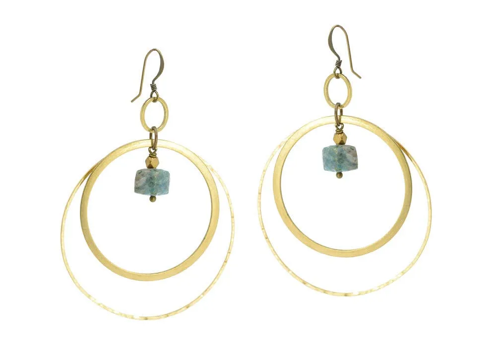 Blue Apatite Cube Large Delicate Hammered Circle Earrings