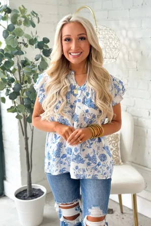 Blue Floral Print Smocked Top