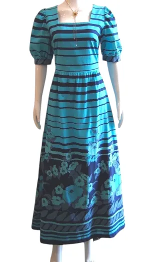 Blue Horizons - 1970s Blue Short Sleeved Striped Maxi Dress