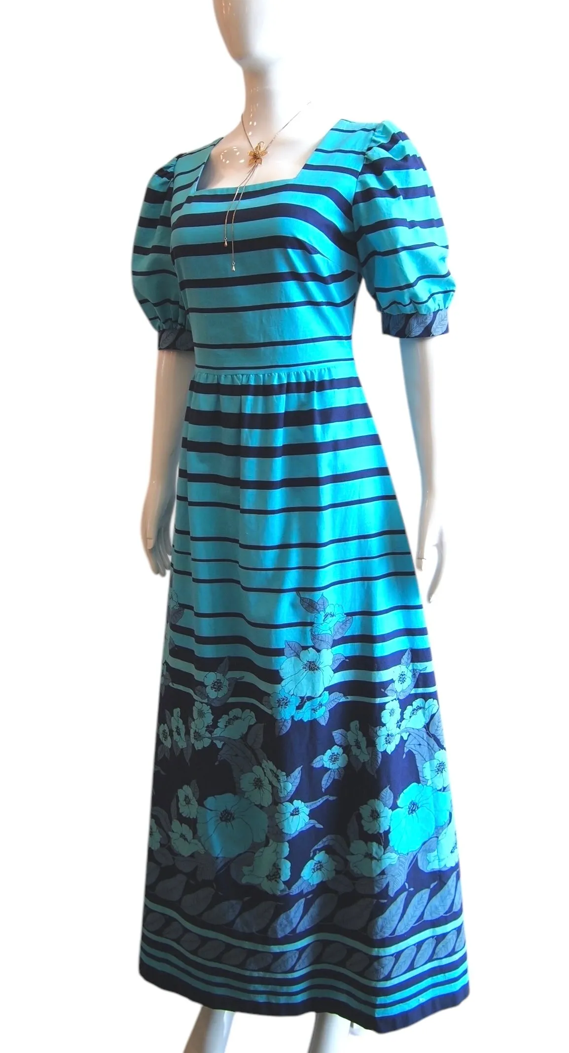 Blue Horizons - 1970s Blue Short Sleeved Striped Maxi Dress